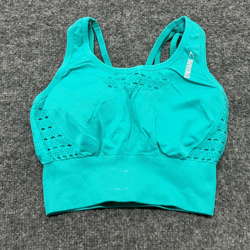 Gymshark Sports Bra Womens Size S Teal Green Seamless Strappy Perforated Active